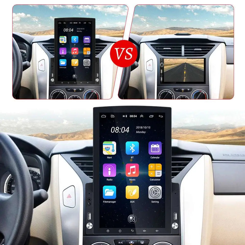 Black touchscreen large screen vehicle video player navigator with sleek design and colorful app icons displayed on interface