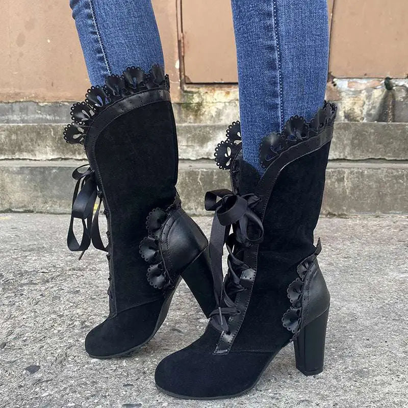 Black suede large size heel women’s leather boots with lace-up detailing and decorative scalloped trim