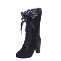 Black velvet women’s leather boots with scalloped leather trim satin ribbon tie large size heel black suede large