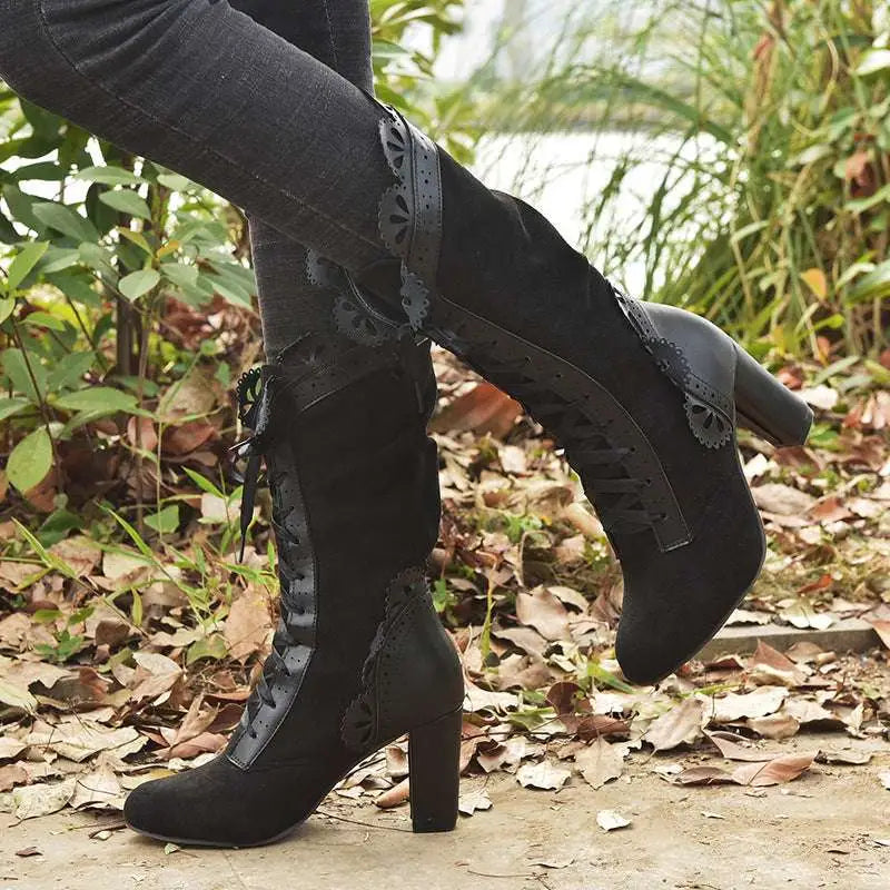 Black suede large size heel women’s leather boots with lace-up detailing and decorative scalloped trim