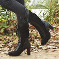 Black suede large size heel women’s leather boots with knee-high lace-up detailing and decorative perforated panels
