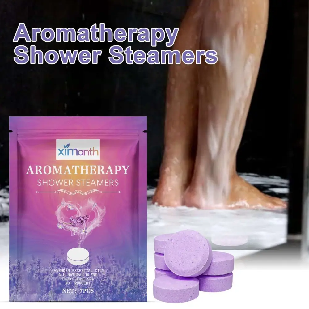 Purple lavender aromatherapy shower tablets with eucalyptus oil in a resealable pouch for relaxing aromatherapy shower use