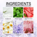 The back of lavender aromatherapy shower tablets lists natural ingredients including eucalyptus oil and peppermint extract