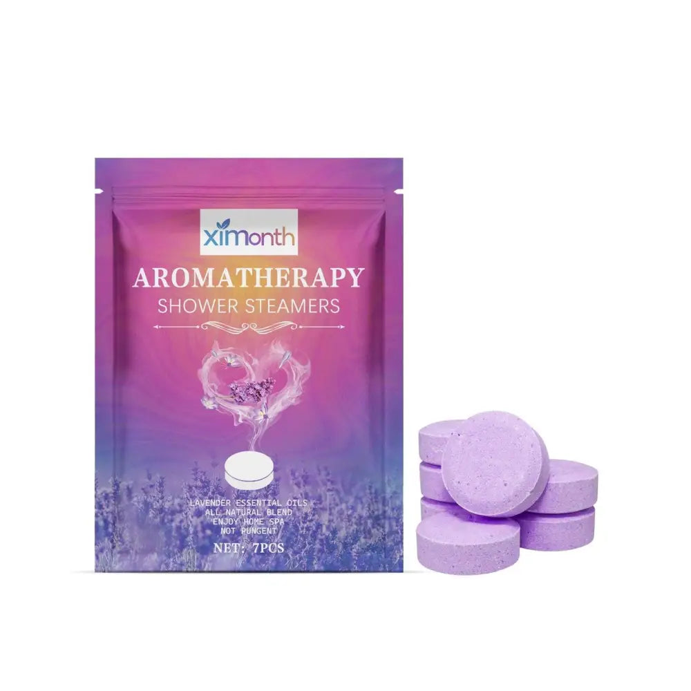 Purple lavender-scented aromatherapy shower tablets with eucalyptus oil in a resealable pouch for relaxation
