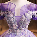 Lavender beaded bel canto solo off-the-shoulder ball gown with sheer tulle sleeves and floral sequin embroidery solo performance costume