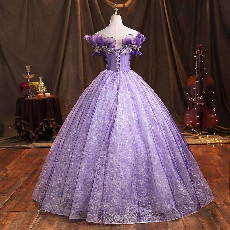 Lavender beaded bel canto solo performance costume with off-the-shoulder ruffles, corseted bodice, lace, and tulle skirt