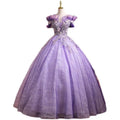 A lavender beaded bel canto solo performance costume featuring an off-the-shoulder lace ball gown with tulle skirt