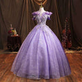 A shimmering lavender beaded bel canto solo performance costume gown with off-the-shoulder puffed sleeves on a mannequin