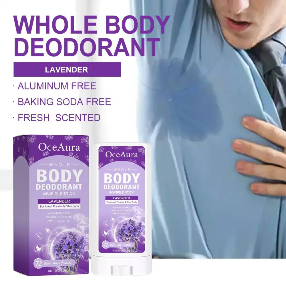 Lavender body deodorant stick with aluminum free formula in white oceaura lavender purple packaging