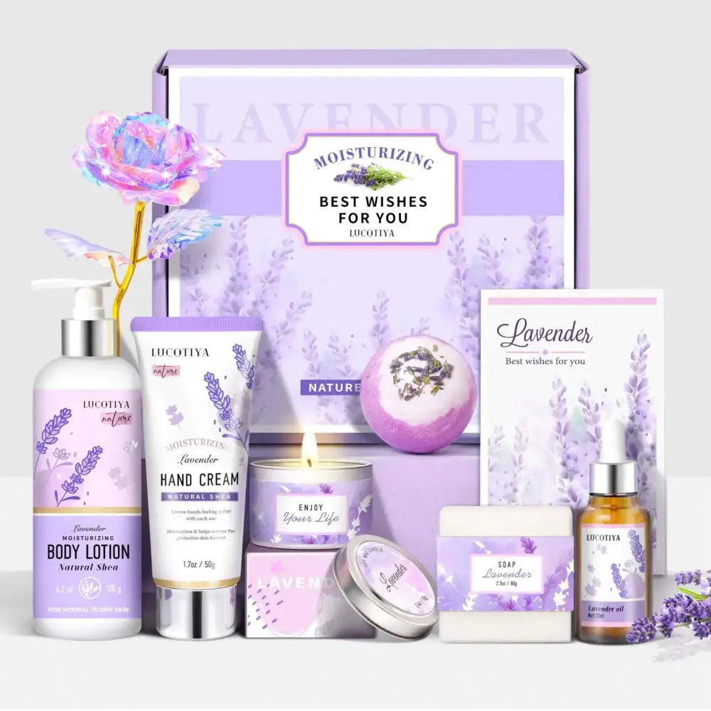 Lavender body lotion in a clear bottle with silver pump and purple label featuring lavender sprigs for spa gifts