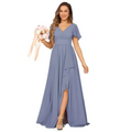 Lavender chiffon plus size bridesmaid dress us18w with v-neckline, flutter sleeves, and asymmetrical high slit