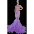 A shimmering lavender mermaid gown with diamond feather mesh and a voluminous feathered train called lavender diamond feather wrap hip dress