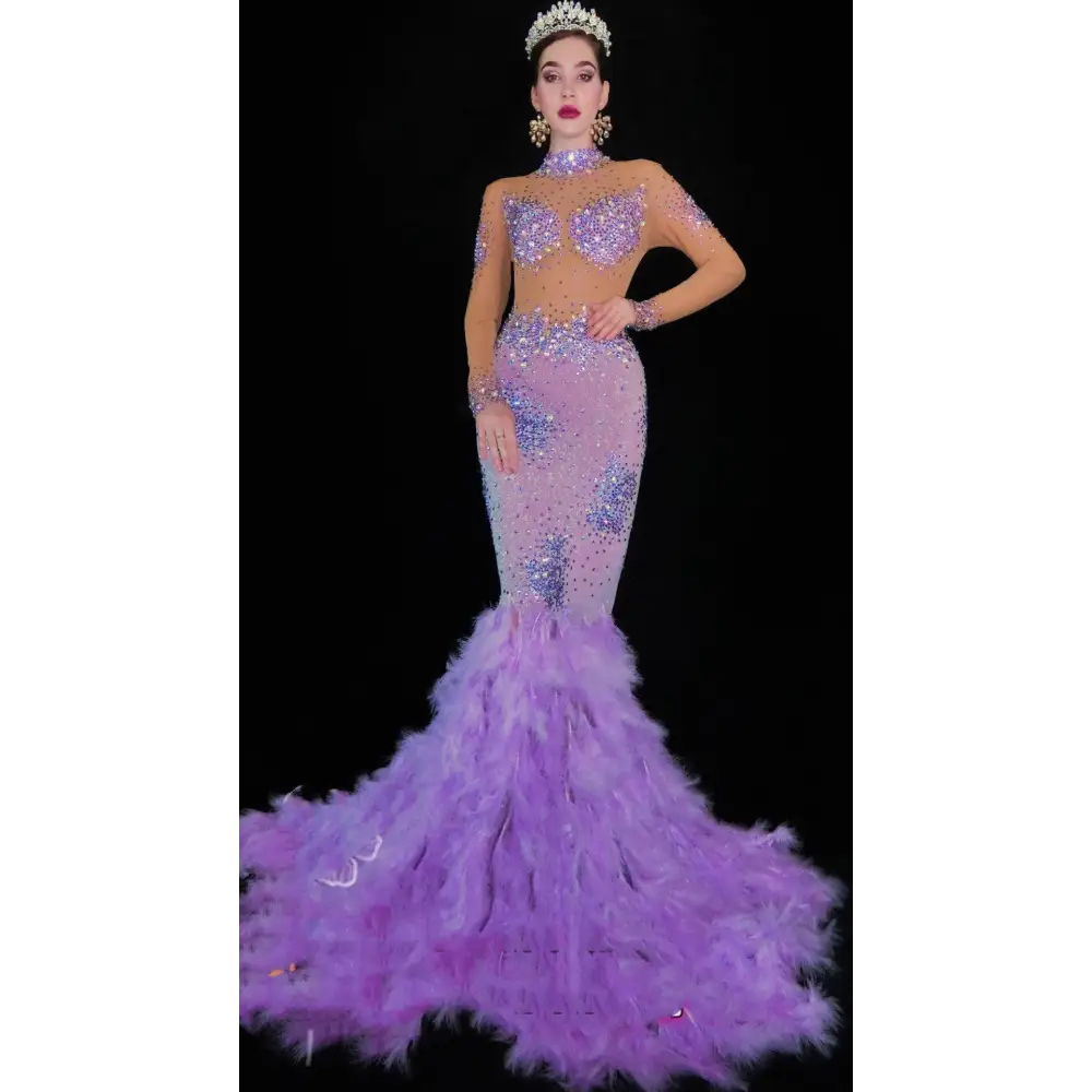 A shimmering lavender mermaid gown with diamond feather mesh and a voluminous feathered train called lavender diamond feather wrap hip dress