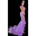 A shimmering lavender diamond feather mesh gown with sparkling sequins and a voluminous feathered train