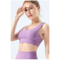 Lavender fitness bra with nylon fabric seamless design and supportive band for comfortable athletic use