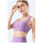 Lavender fitness bra with nylon fabric seamless design and supportive band for comfortable athletic use
