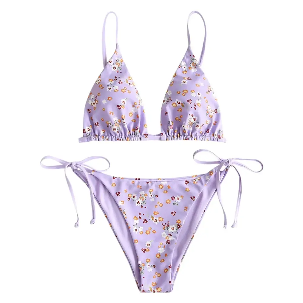 Lavender floral triangle bikini string set with delicate tie-side bottoms and low waisted design in soft fabric
