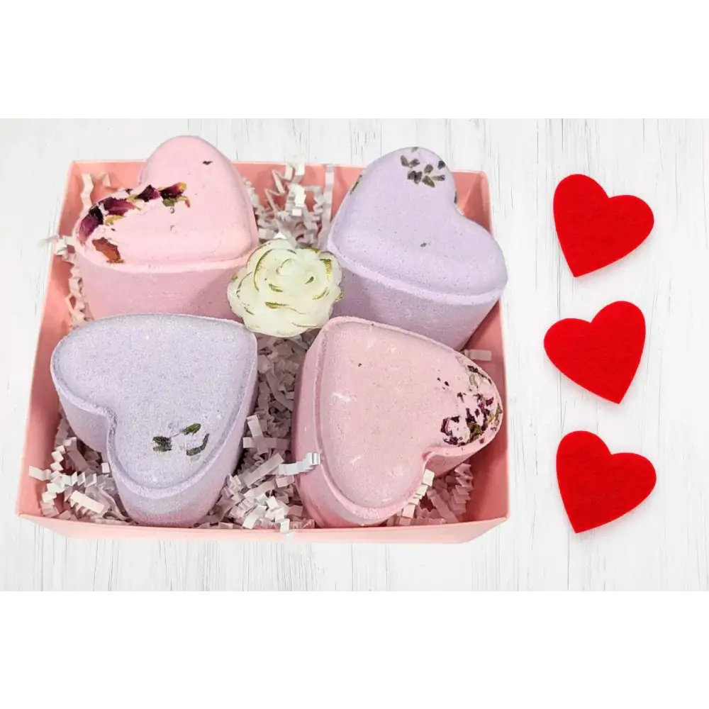 Pink and lavender heart shower steamers gift set with dried flower accents in a pink gift box for shower steamers gift
