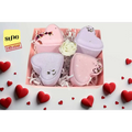 Lavender heart shower steamers gift set with pink and lavender heart-shaped bath bombs and floral accents in pink box