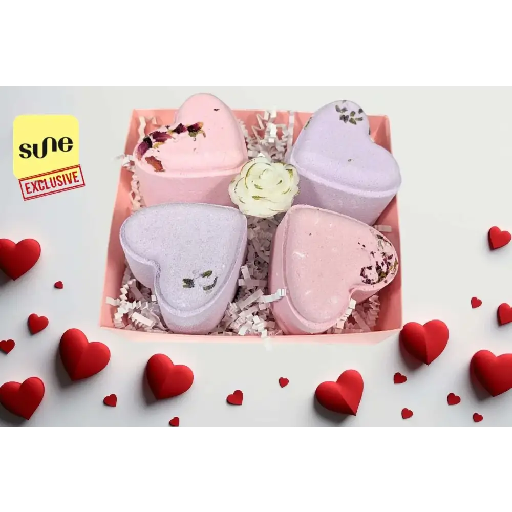Lavender heart shower steamers gift set with pink and lavender heart-shaped bath bombs and floral accents in pink box