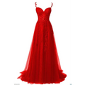 A vibrant red floor-length off shoulder prom dress with lavender lace bodice designed for the red carpet runway