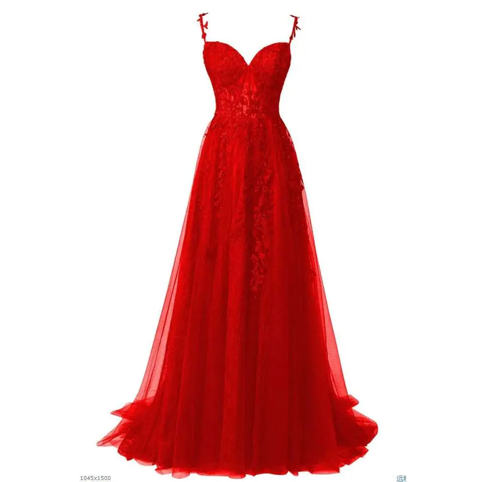 A vibrant red floor-length off shoulder prom dress with lavender lace bodice designed for the red carpet runway