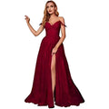 A deep red off the shoulder prom dress with lavender lace detailing and a high slit for red carpet runway events