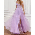 Lavender lace off shoulder prom dress with floral lace detailing and high slit for red carpet runway events