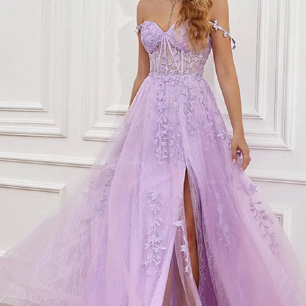 Lavender lace off shoulder prom dress with intricate floral detailing and high slit ideal for red carpet runway events