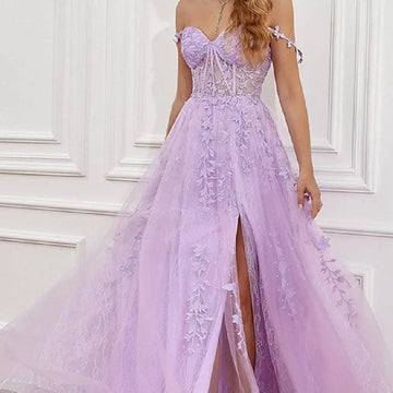 Lavender lace off shoulder prom dress with intricate floral detailing and high slit ideal for red carpet runway events