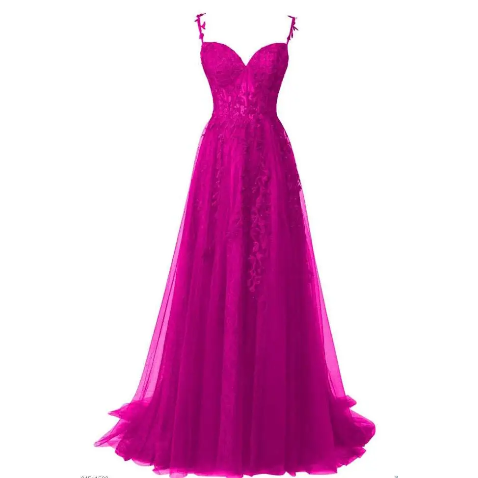 A vibrant fuchsia long prom dress with a sweetheart neckline, delicate lace detailing along the bodice and skirt, and thin spaghetti straps tied at the shoulders.