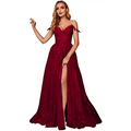 A deep red lace off shoulder prom dress with fitted bodice and flowing skirt for red carpet runway events