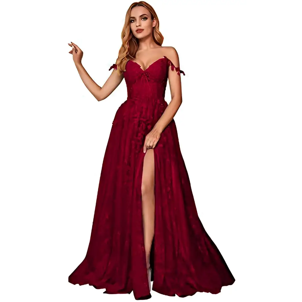 A deep red lace off shoulder prom dress with fitted bodice and flowing skirt for red carpet runway events