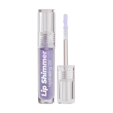 A clear cylindrical tube of lavender lip shimmer hydrating oil with silver cap and deep hydration applicator