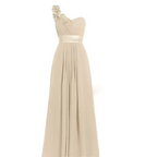 Beige one-shoulder gown with delicate floral embellishments and satin belt in a lavender multi colored slanted neck sleeveless maxi dress style