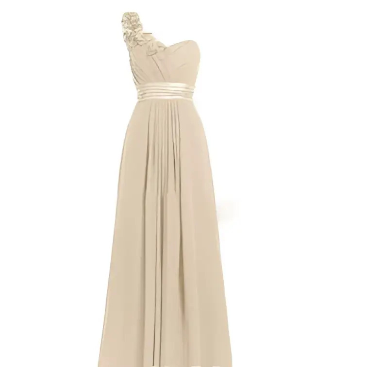 Beige one-shoulder gown with delicate floral embellishments and satin belt in a lavender multi colored slanted neck sleeveless maxi dress style