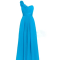 A vibrant turquoise one-shoulder floor-length gown with ruched bodice and flowing chiffon skirt in sleeveless maxi dress style