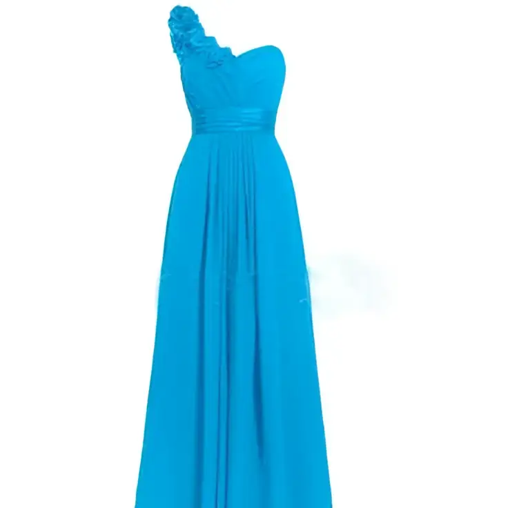 A vibrant turquoise one-shoulder floor-length gown with ruched bodice and flowing chiffon skirt in sleeveless maxi dress style
