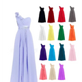 A flowing lavender multi colored slanted neck sleeveless maxi dress with a draped bodice and silver belt accent
