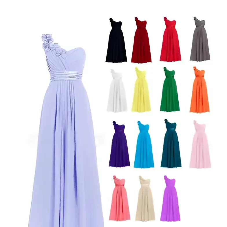 A flowing lavender multi colored slanted neck sleeveless maxi dress with a draped bodice and silver belt accent