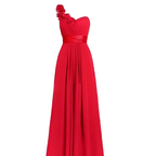 A vibrant red one-shoulder evening gown with a fitted bodice and flowing pleated skirt, not a lavender multi colored sleeveless maxi dress
