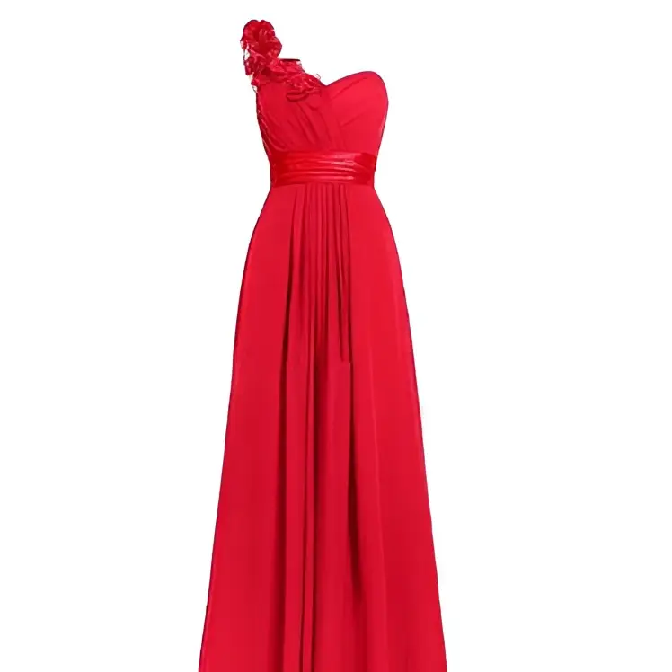 A vibrant red one-shoulder evening gown with a fitted bodice and flowing pleated skirt, not a lavender multi colored sleeveless maxi dress