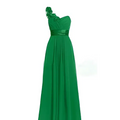 Emerald green satin gown with one-shoulder design and floral embellishment paired with lavender multi colored sleeveless maxi dress