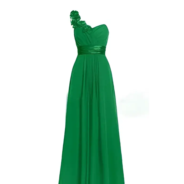 Emerald green satin gown with one-shoulder design and floral embellishment paired with lavender multi colored sleeveless maxi dress