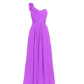 A flowing lavender multi colored chiffon slanted neck sleeveless maxi dress with floral embellishment on one shoulder