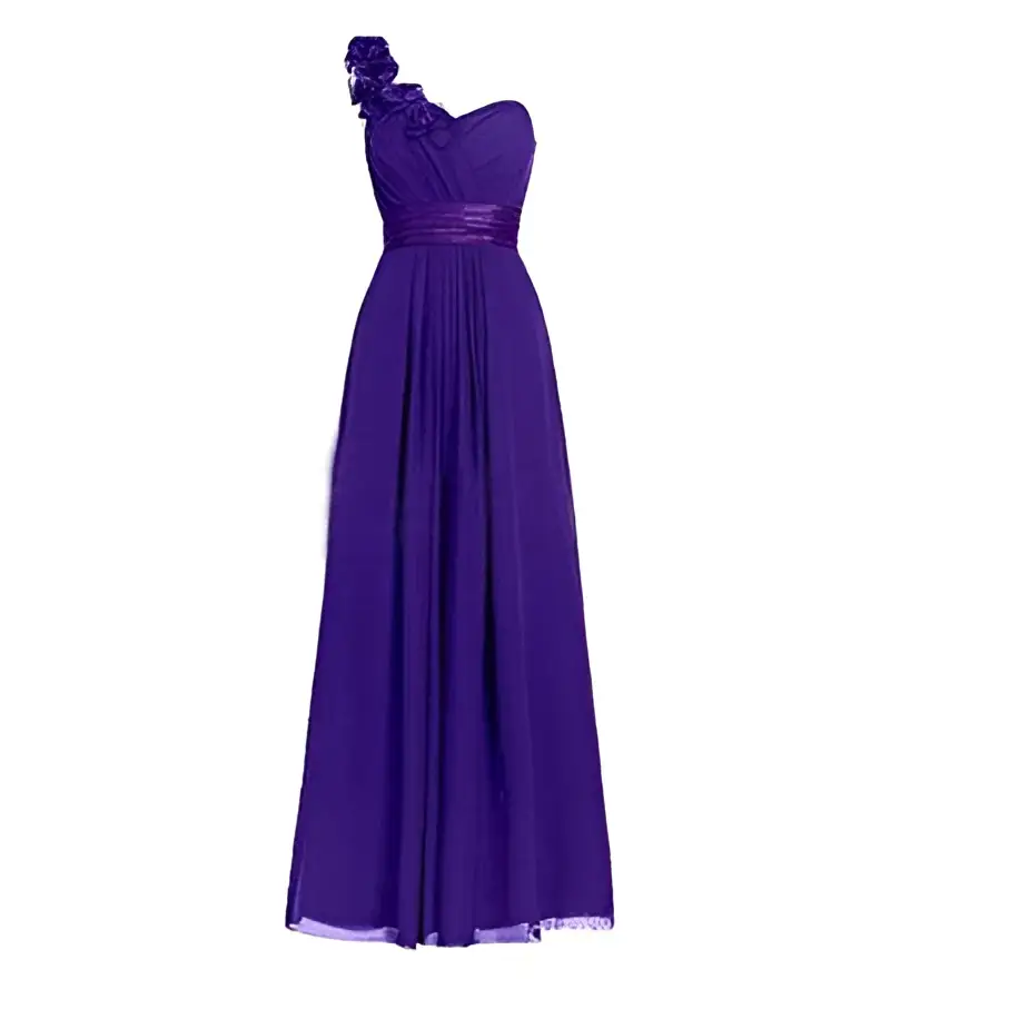 A deep purple lavender multi colored slanted neck sleeveless maxi dress with ruffled floral accent and satin belt