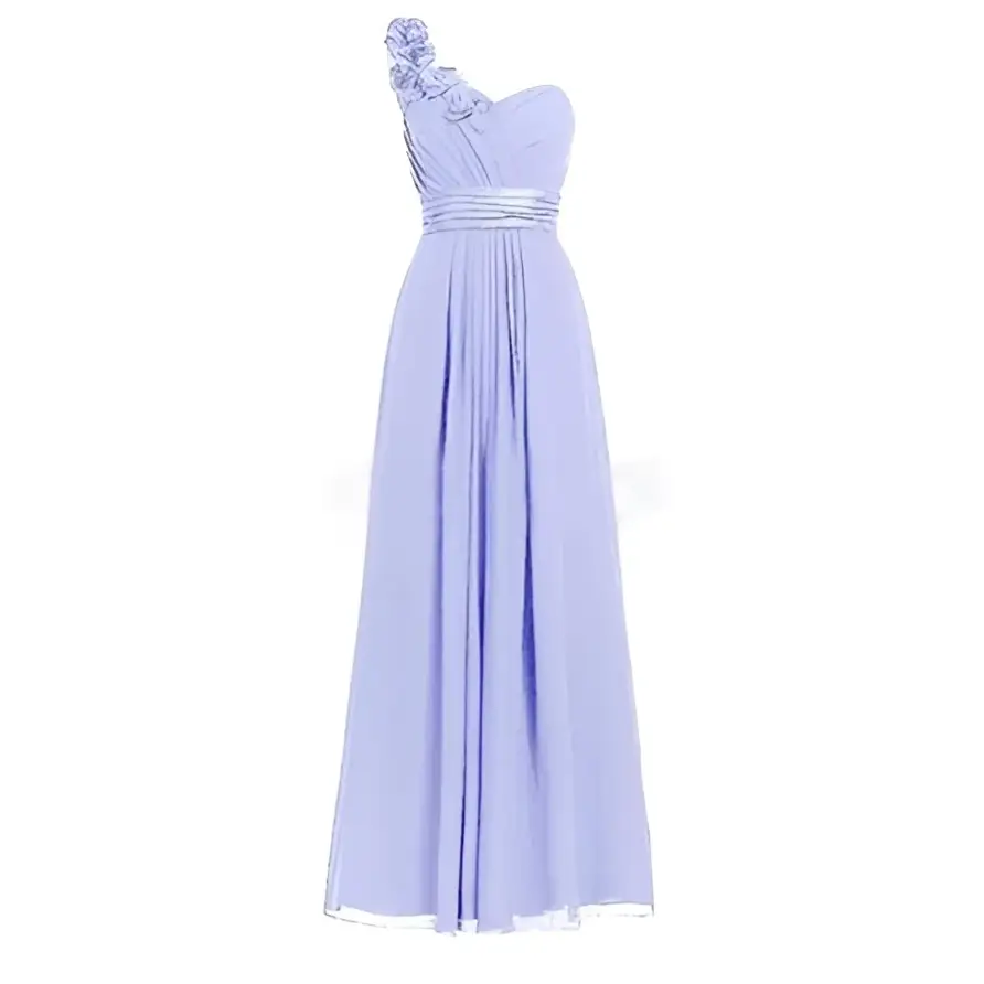 A lavender multi colored slanted neck sleeveless maxi dress in flowing chiffon with one-shoulder and floral embellishment