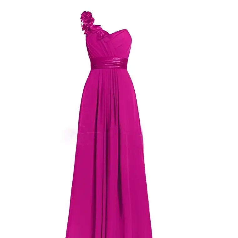 A vibrant fuchsia sleeveless maxi dress with a slanted neck, satin belt, and floral embellishment at the shoulder
