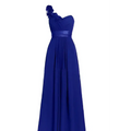 A royal blue sleeveless maxi dress with a slanted neck, pleated skirt, and embellished floral shoulder detail