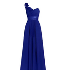 A royal blue sleeveless maxi dress with a slanted neck, pleated skirt, and embellished floral shoulder detail